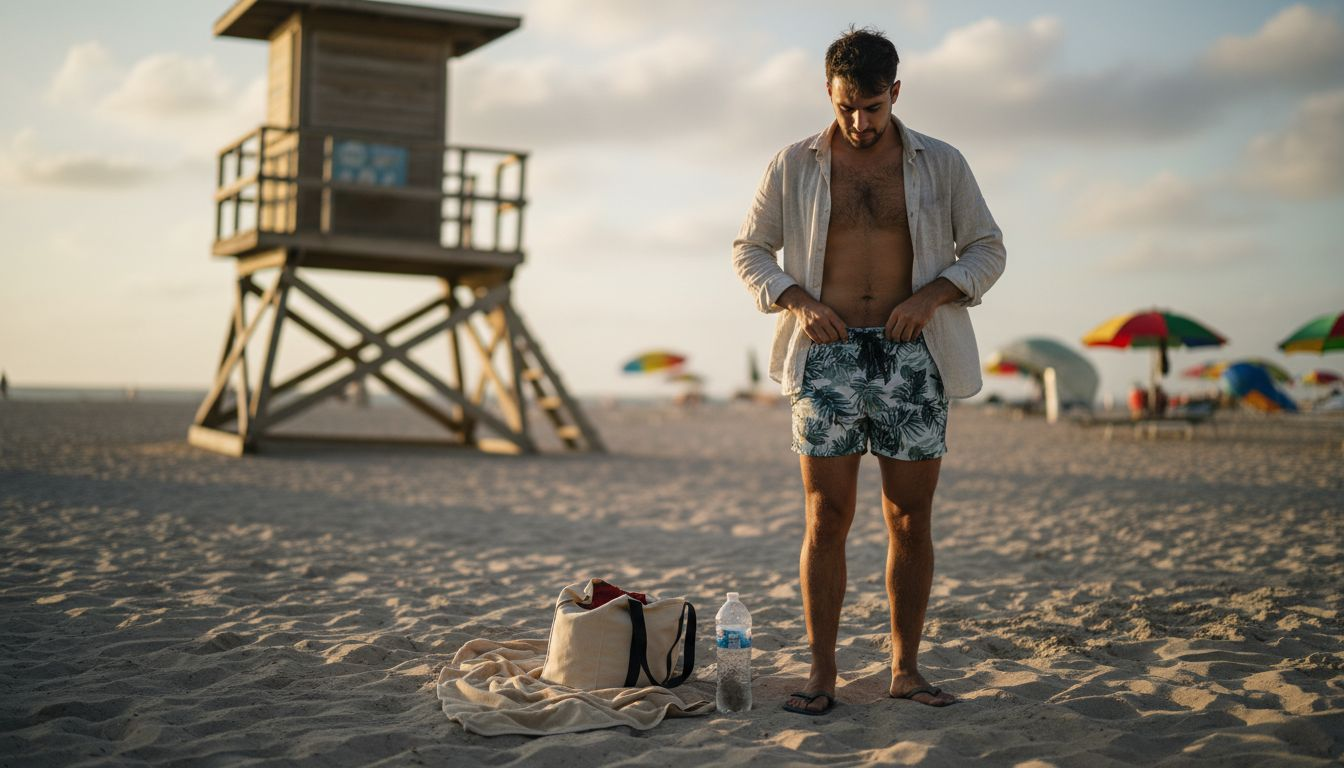 Man styling swim trunks on sandy beach