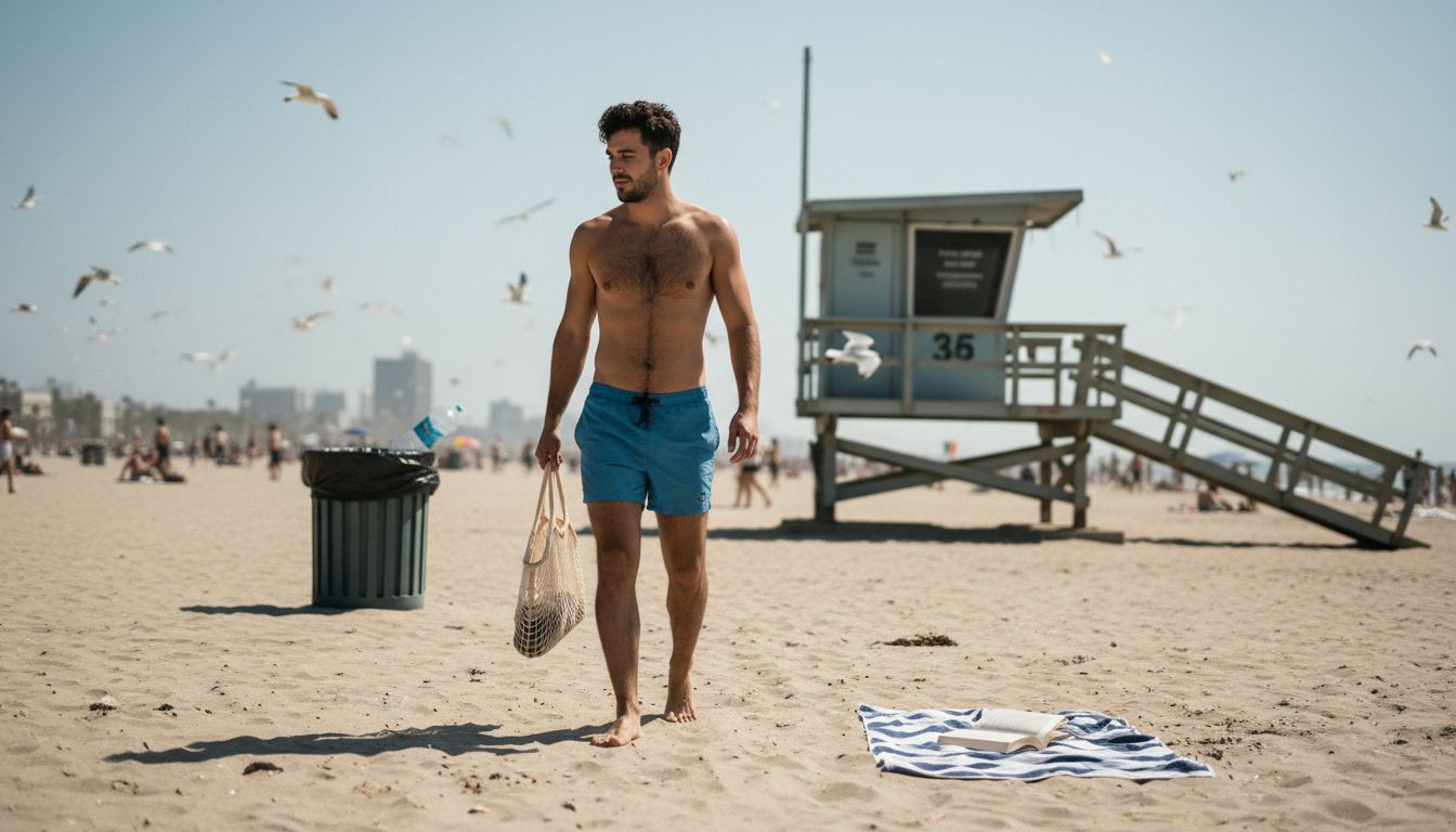Man in recycled swim trunks on city beach