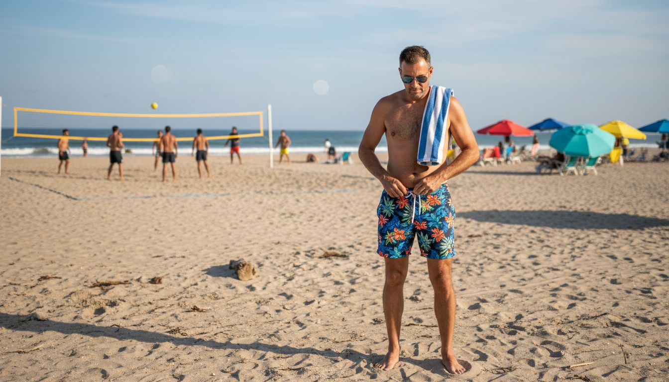 Man adjusting swim trunks on sunny busy beach