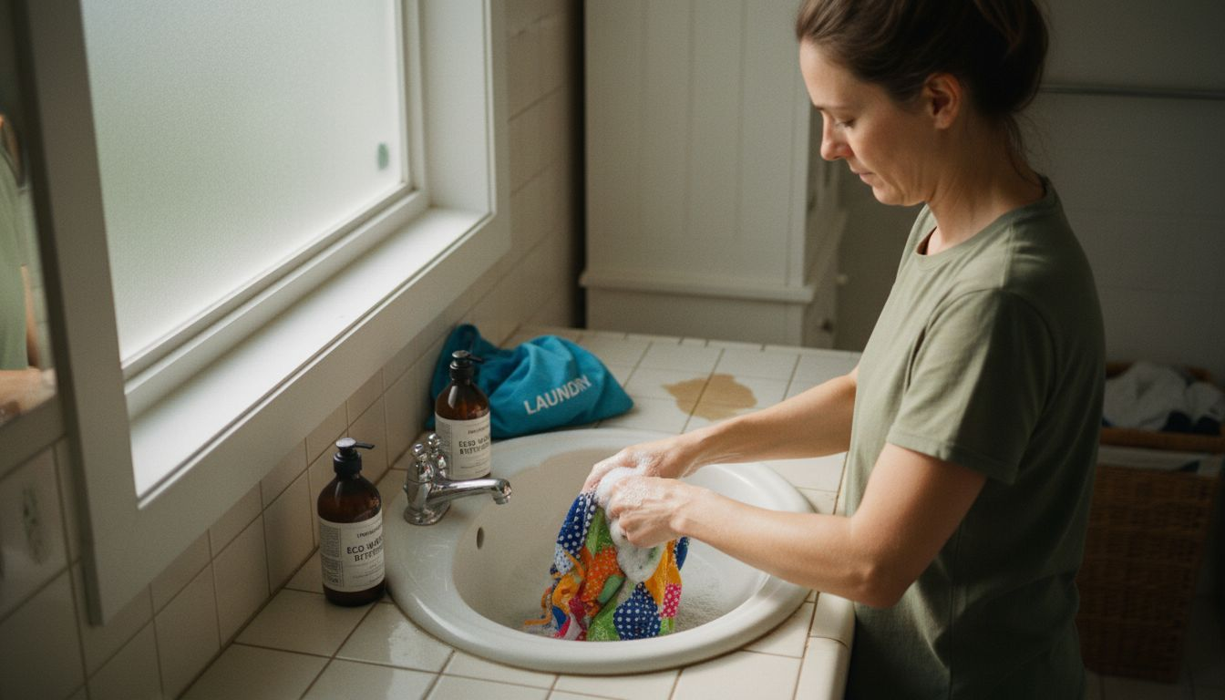 Woman hand washing swimsuit in sunlit bathroom