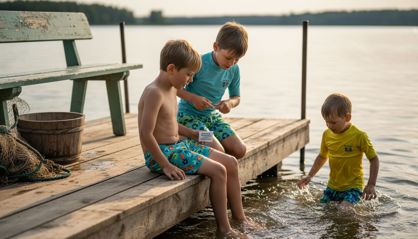 Boys wearing recycled swimwear by lakeside