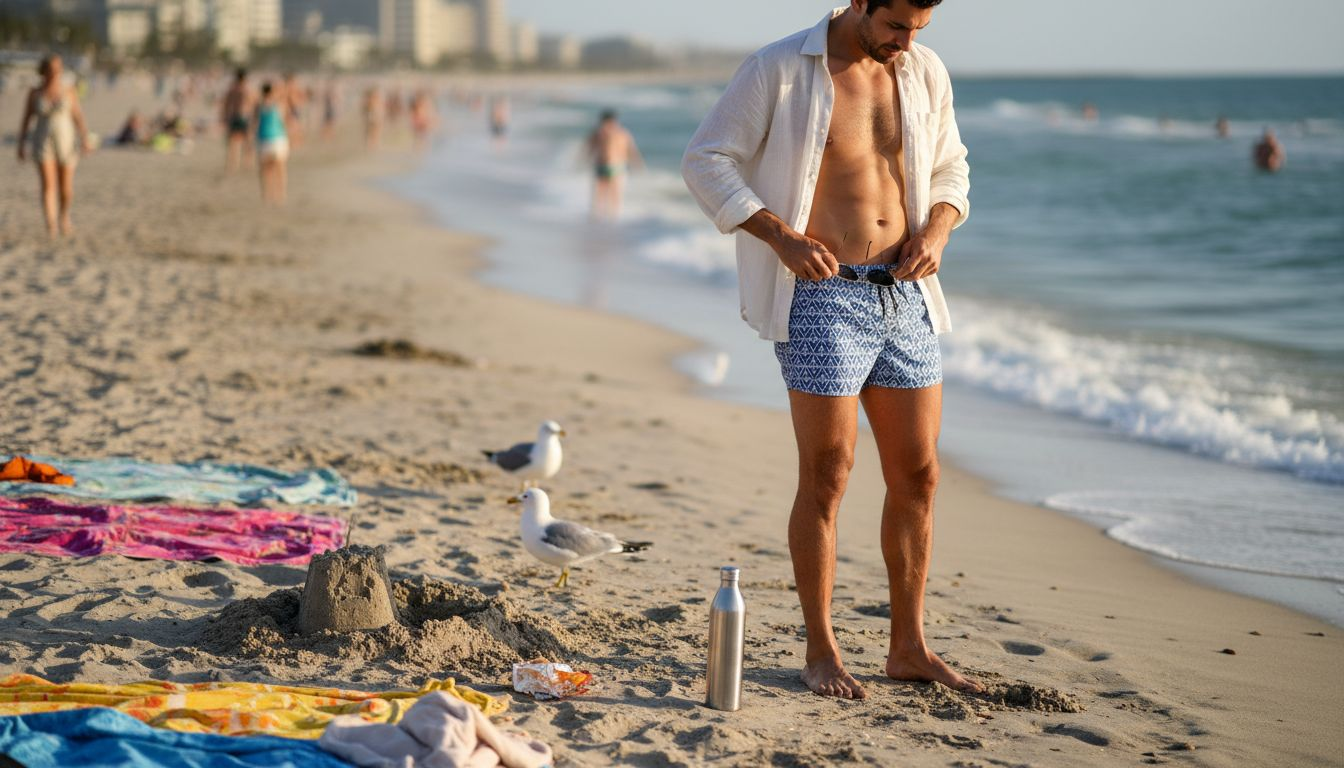 Man styling swimwear on a modern urban beach