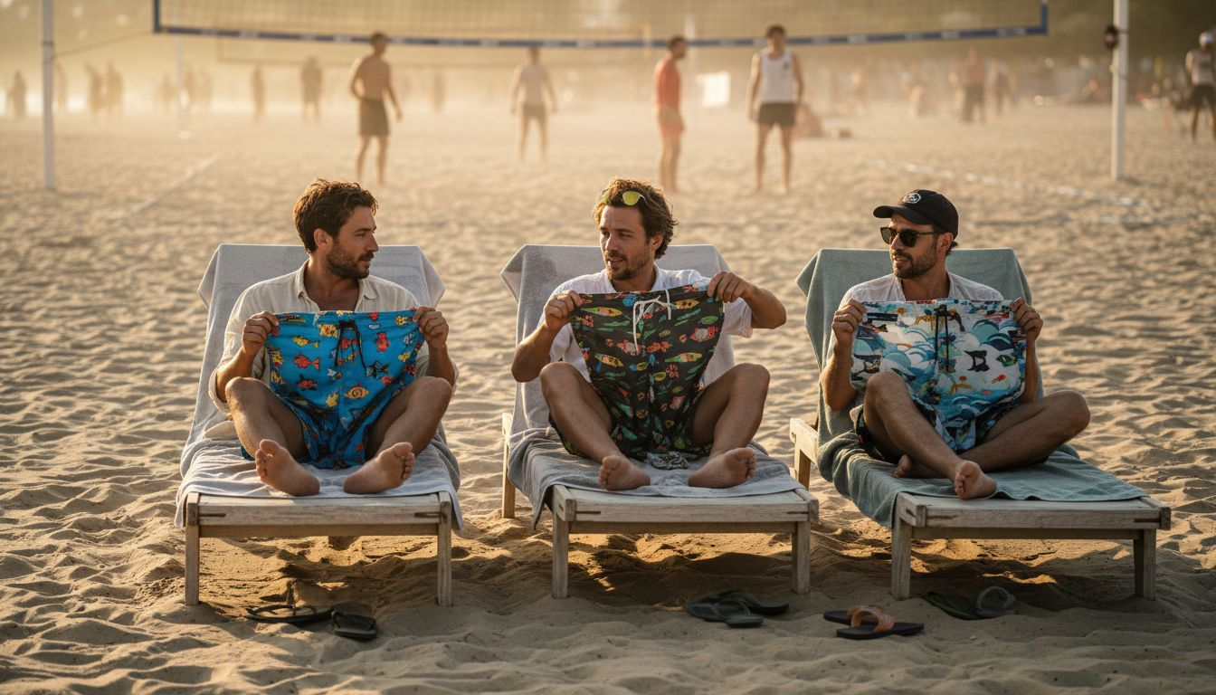 Men comparing stylish beachwear brands at a busy beach