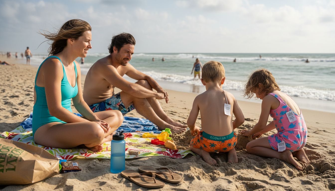 Family wearing eco swimwear at sandy beach