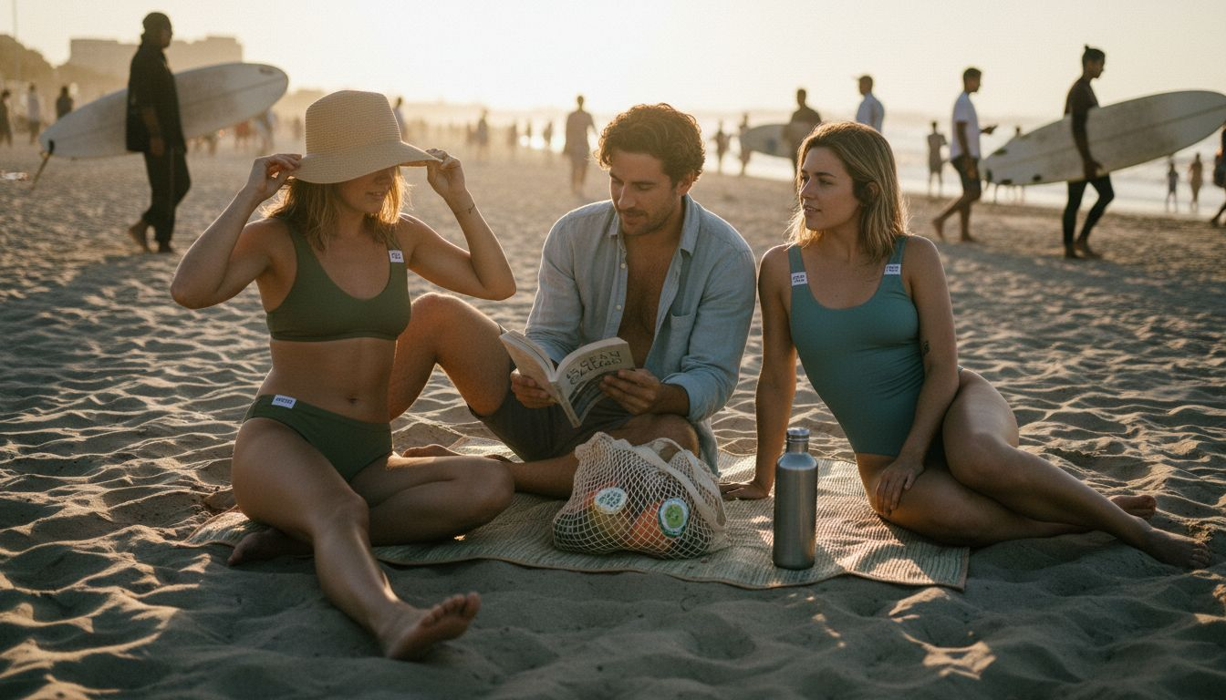 Group modeling eco-friendly swimwear styles at city beach