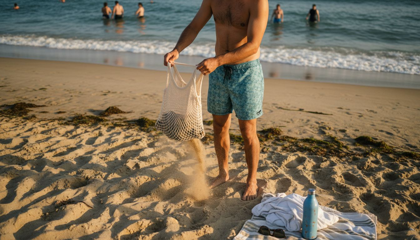 Man wearing eco swim trunks on sunny beach