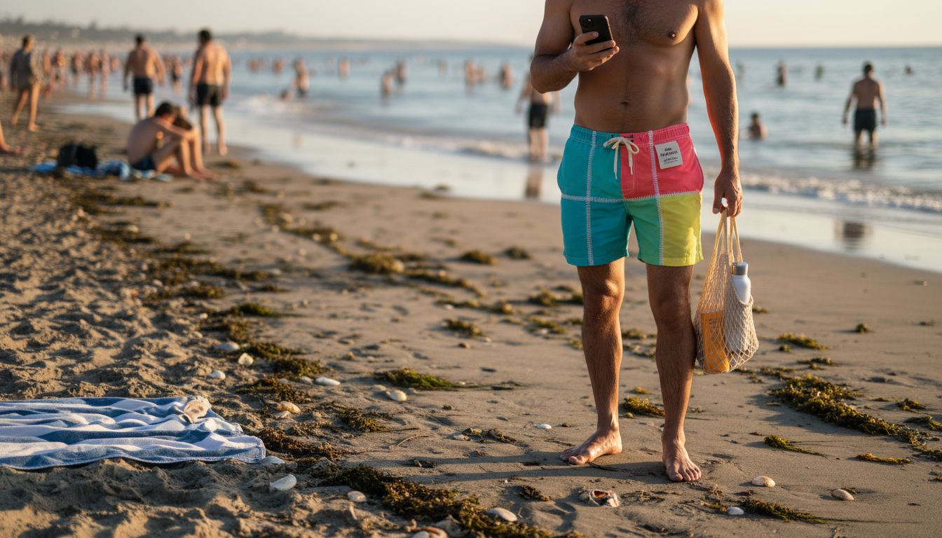Man in sustainable swim trunks at the beach