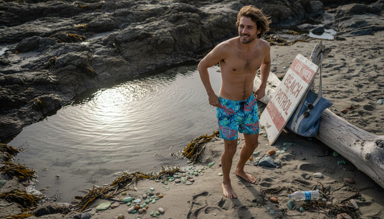 Man wearing recycled eco swim trunks on rocky beach