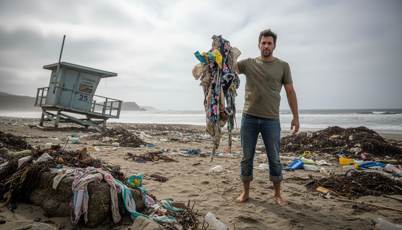 Activist holding swimwear waste on polluted beach