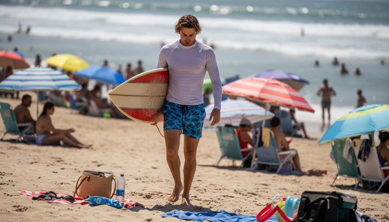 Man with surfboard in quality swimwear on busy beach