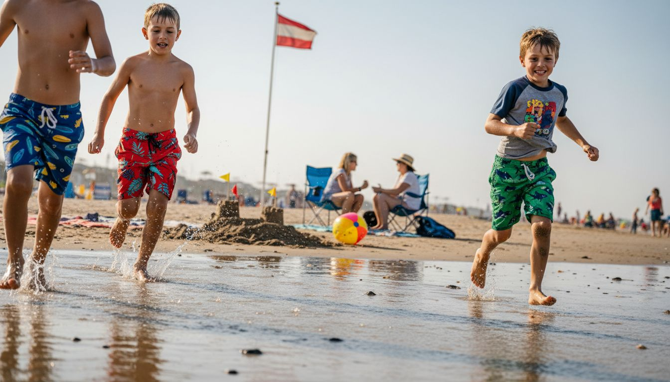 Boys in colorful swim trunks running on beach
