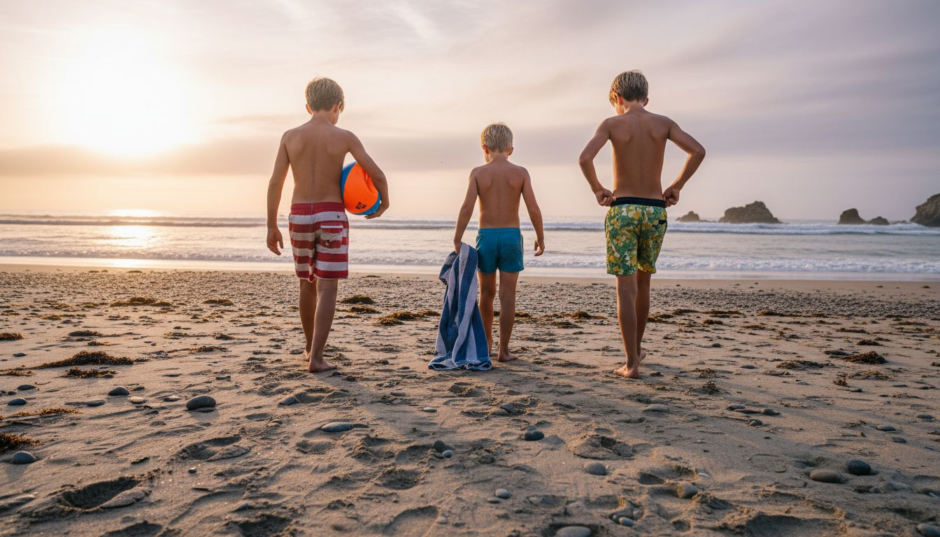 Boys in worn swim trunks on sunny beach