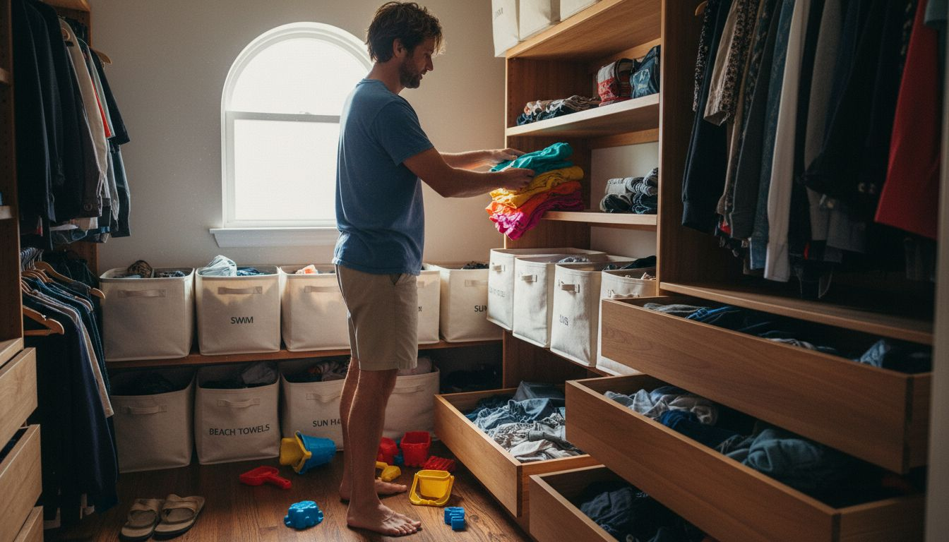 Man storing swim trunks in home closet