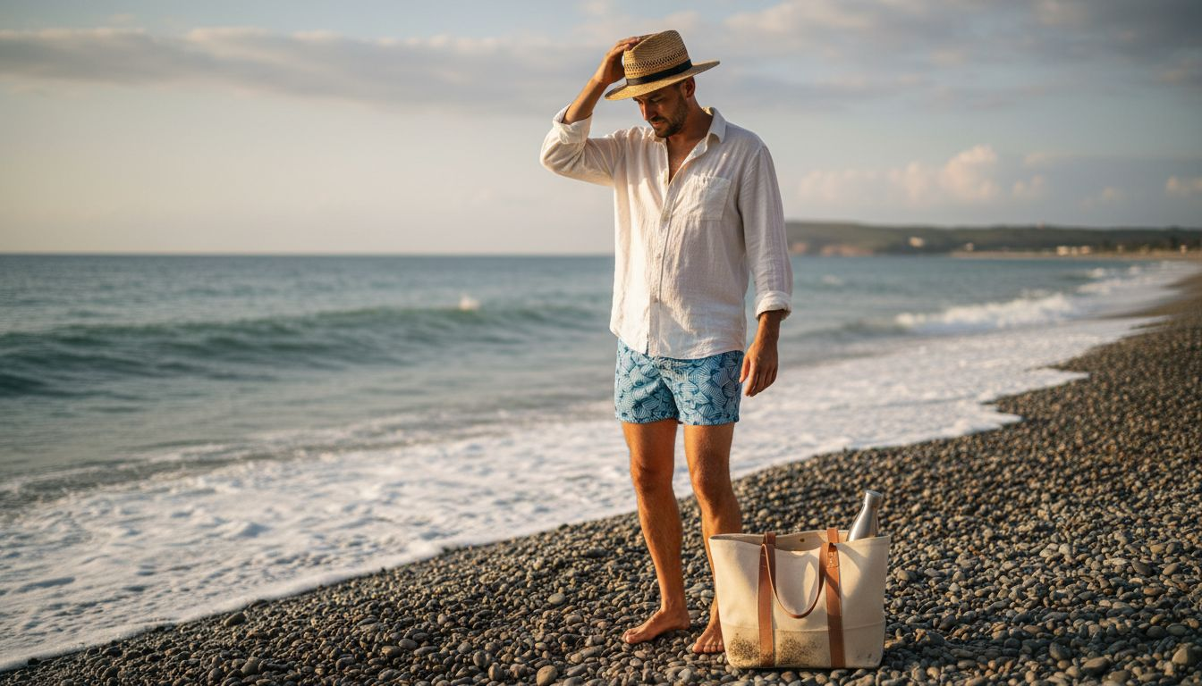 Man wearing sustainable beachwear on pebbled beach