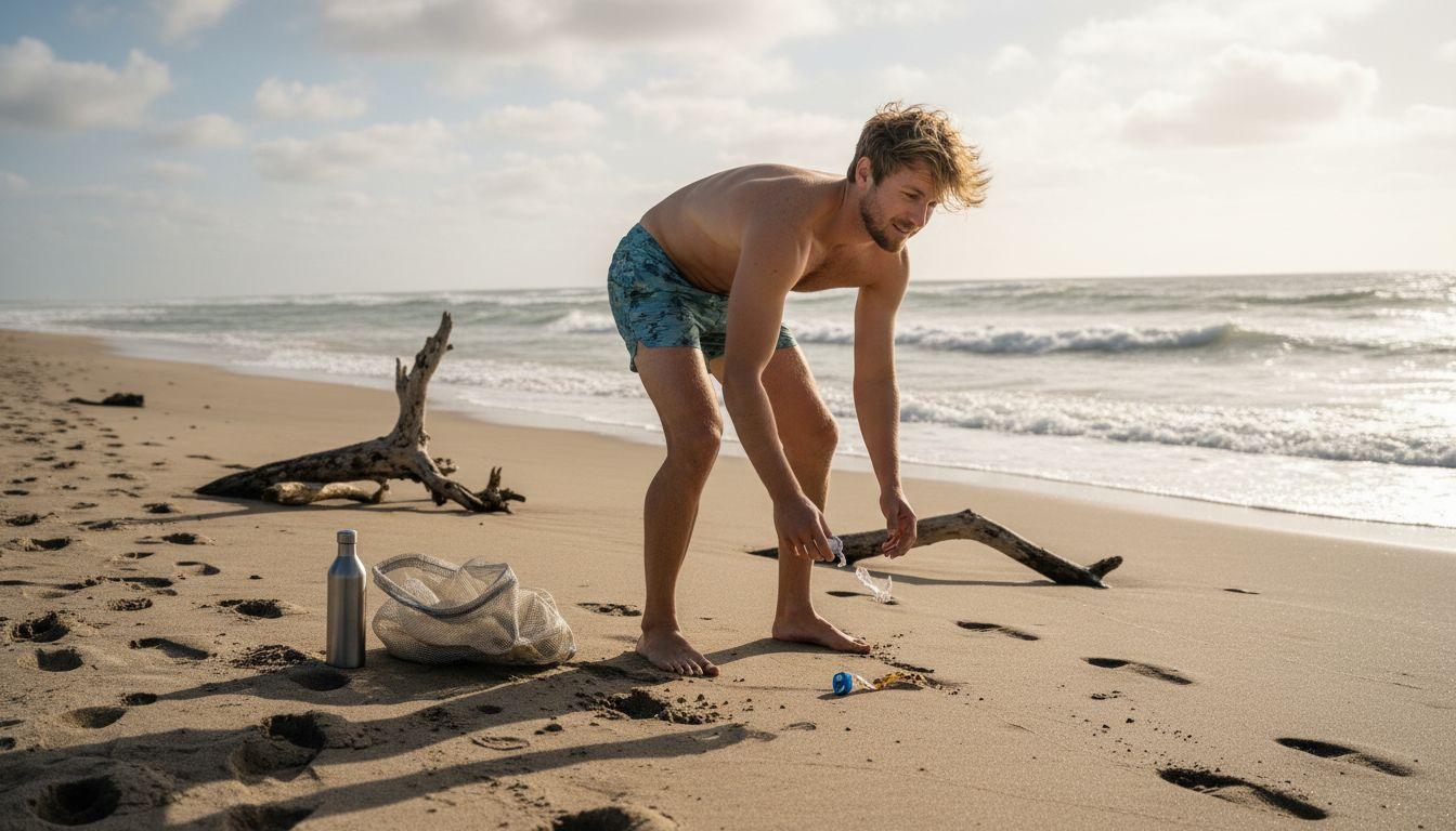 Man cleaning beach in eco swim trunks