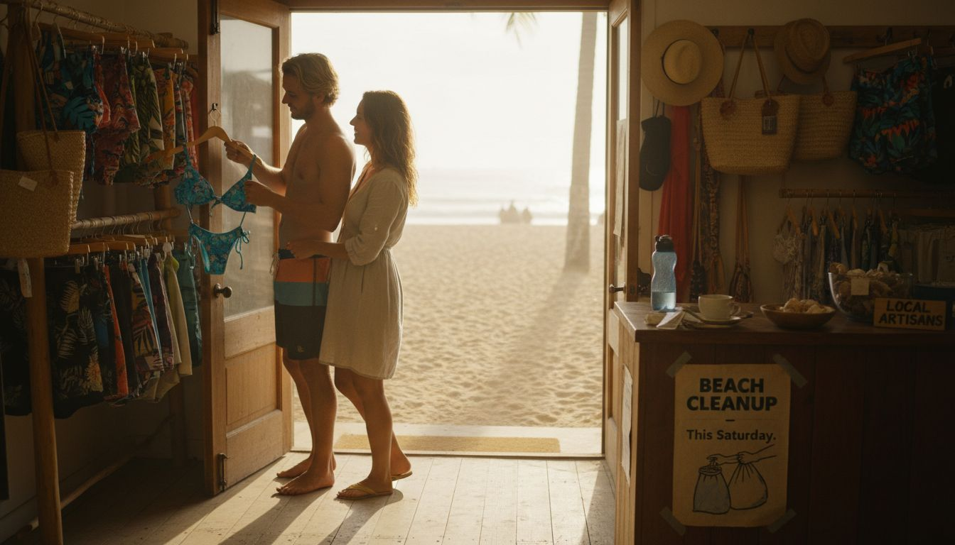Couple browsing local swimwear shop near beach