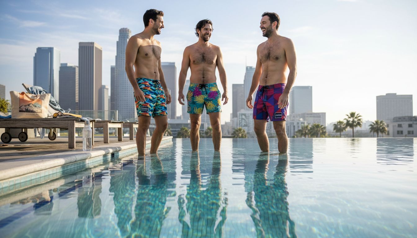 Men wearing sustainable swim trunks at rooftop pool