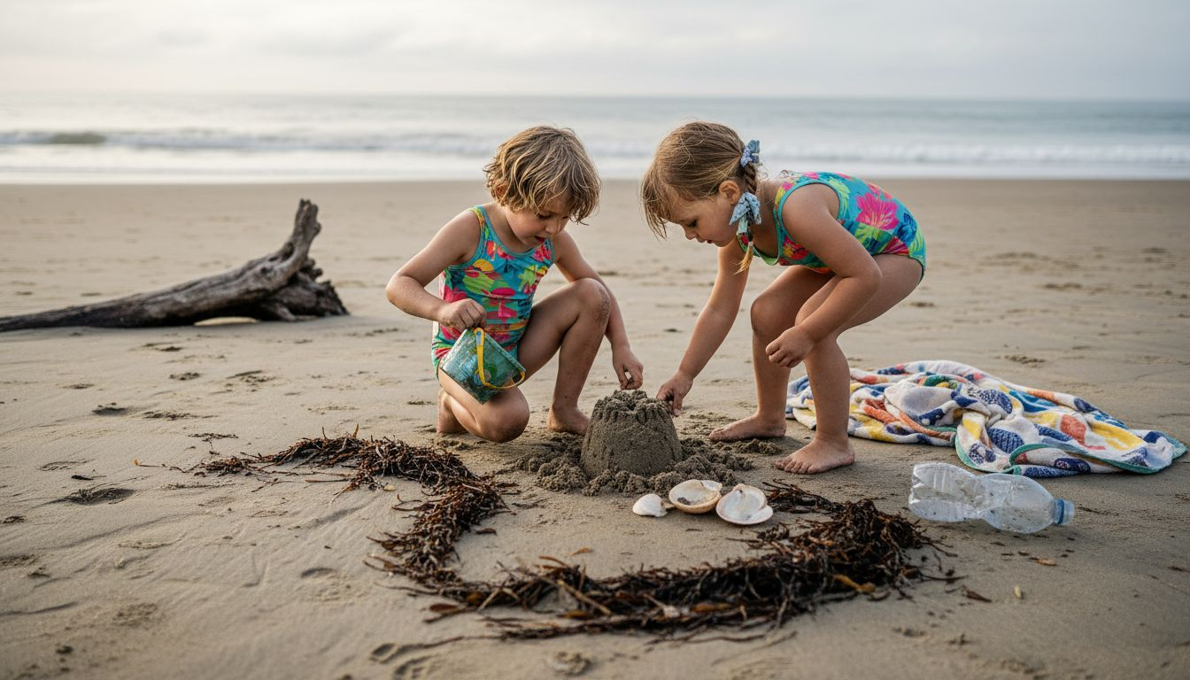 Children wearing recycled swimwear on beach