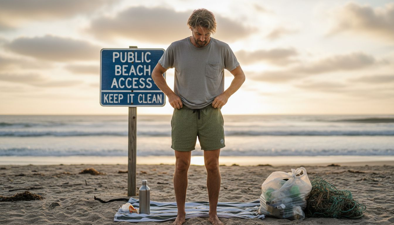 Man in eco-friendly swim trunks on scenic beach