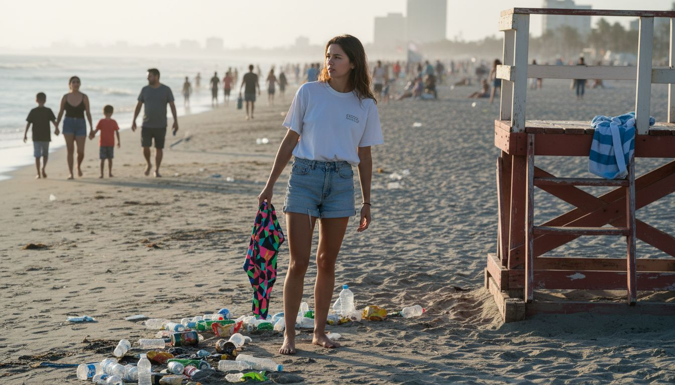 Young woman with swimwear on littered beach