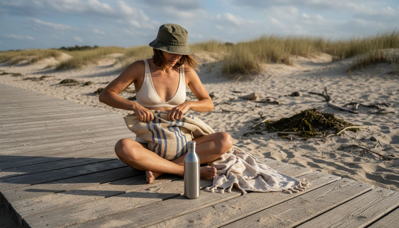 Woman in organic cotton swimwear on beach