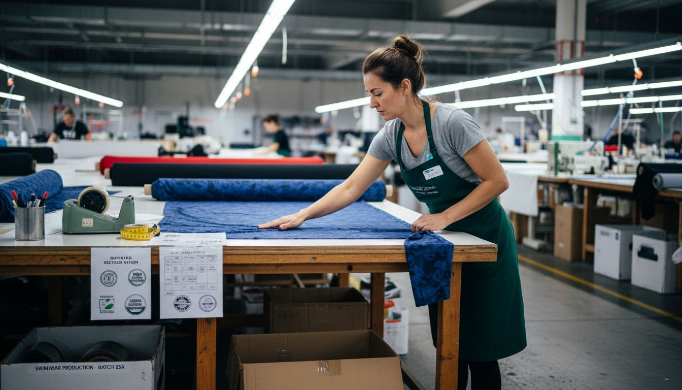 Worker inspecting eco-certified swimwear fabrics