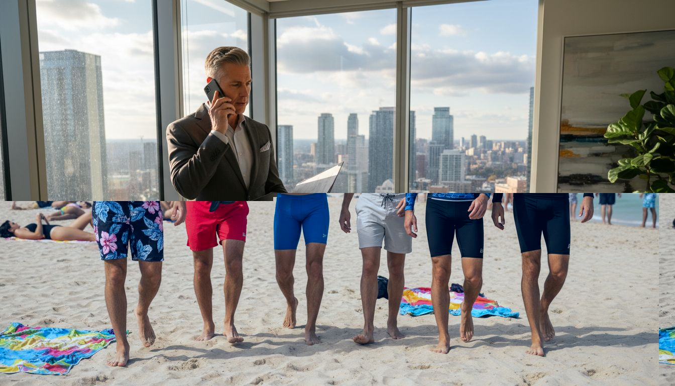 Six men in top swimsuit styles on busy beach