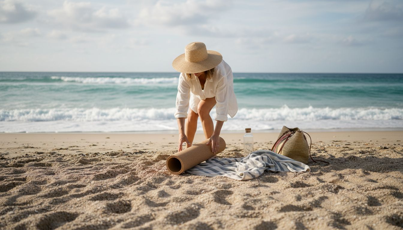 Woman arranging sustainable beach accessories on sand