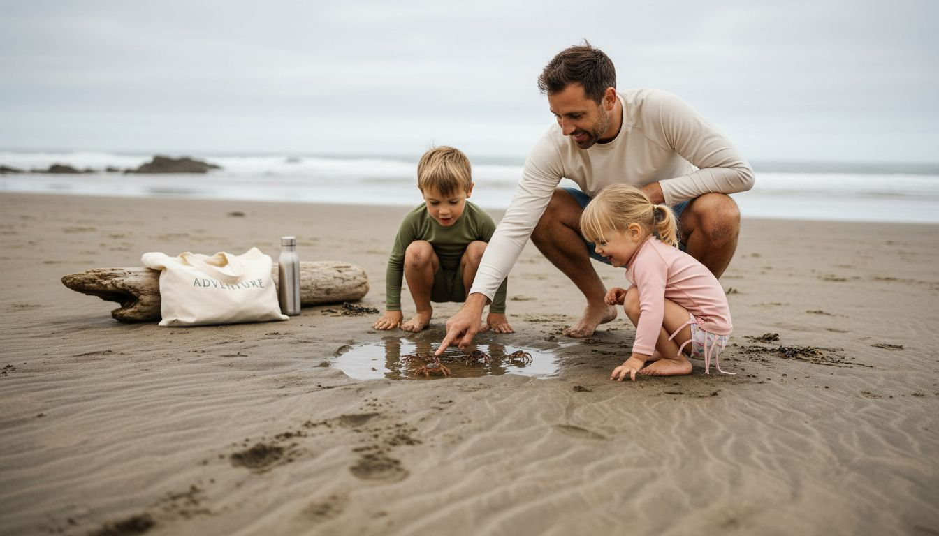 Family in organic swimwear exploring beach