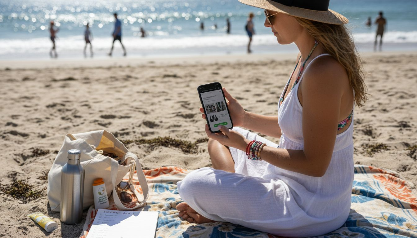 Woman researching ethical swimwear on beach