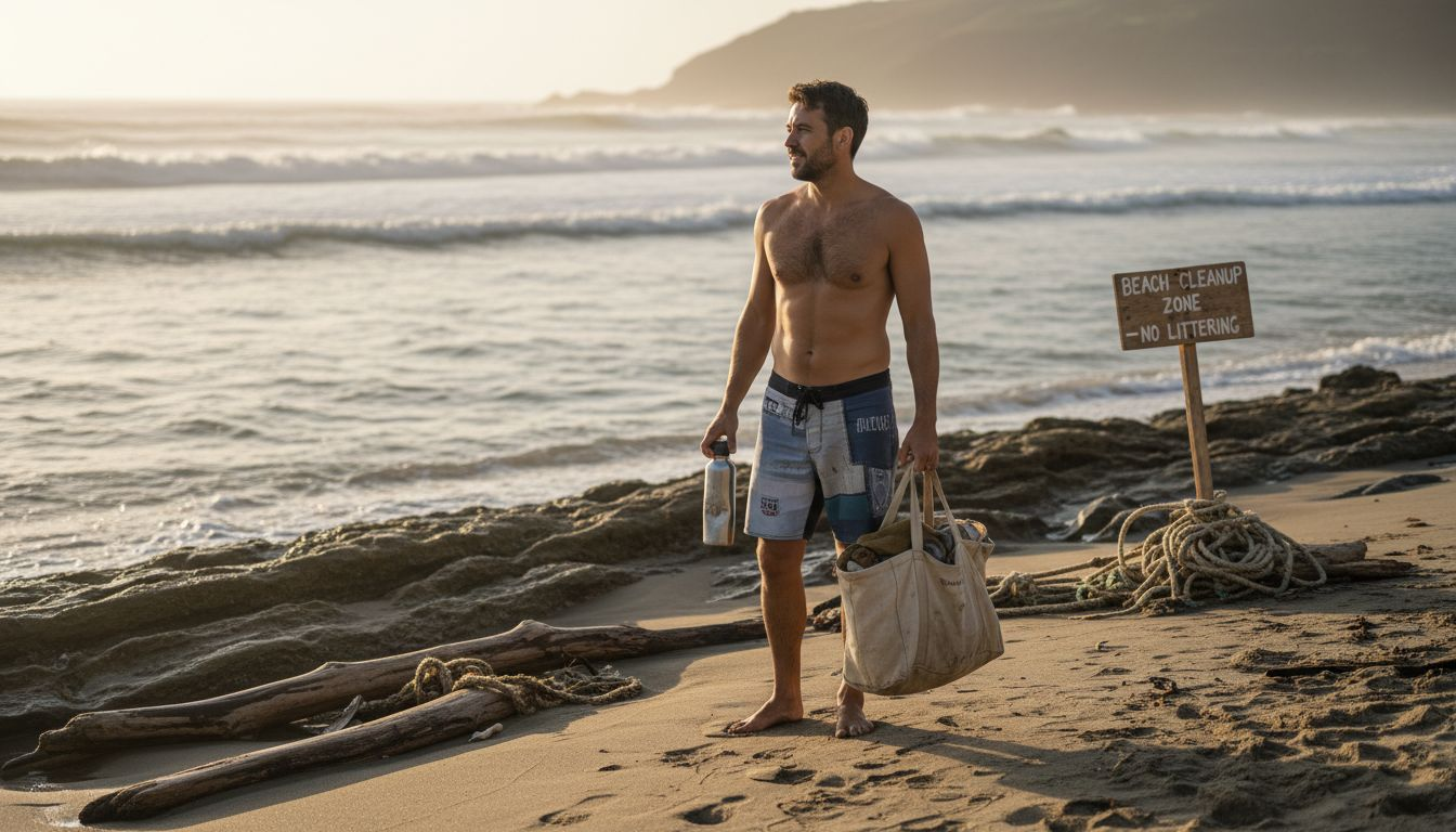 Man in upcycled swim trunks on rocky shore
