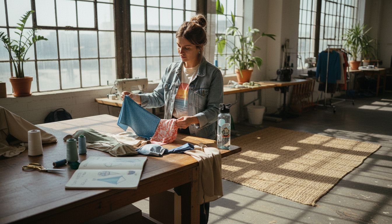 Designer reviewing eco swimwear fabric swatches