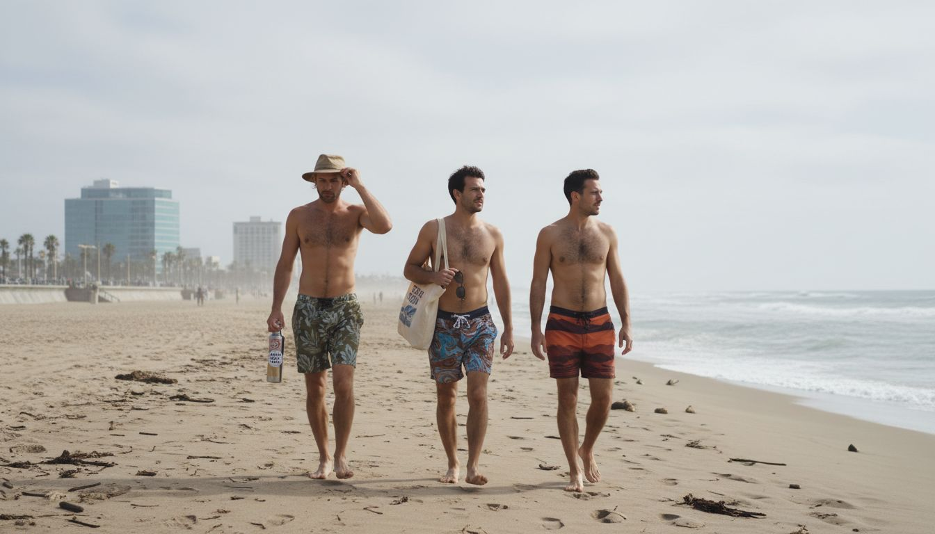 Men modeling sustainable swimwear on urban beachfront