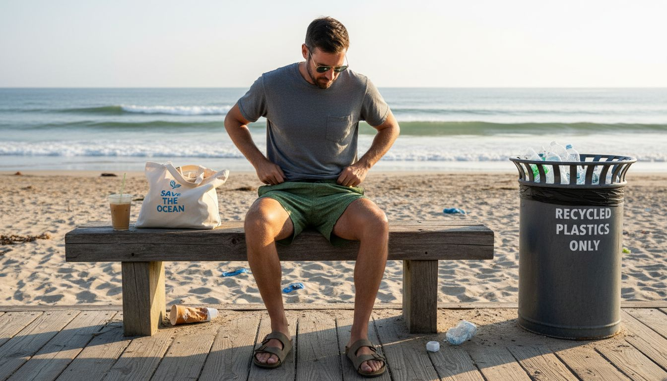 Man in green sustainable swim trunks at beach