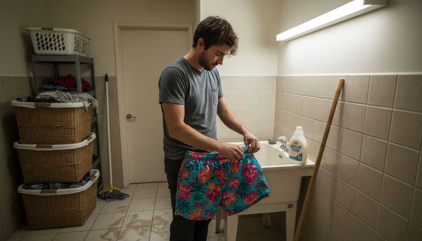 Man preparing swim trunks for washing