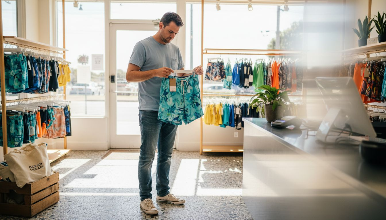 Shopper inspecting ethical swim trunks in boutique