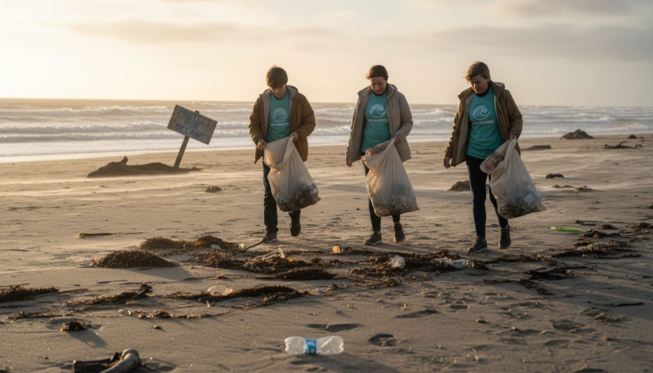 Volunteers cleaning beach in sustainable clothing