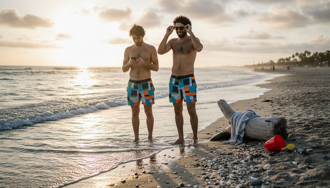 Men wearing sustainable swim trunks on beach