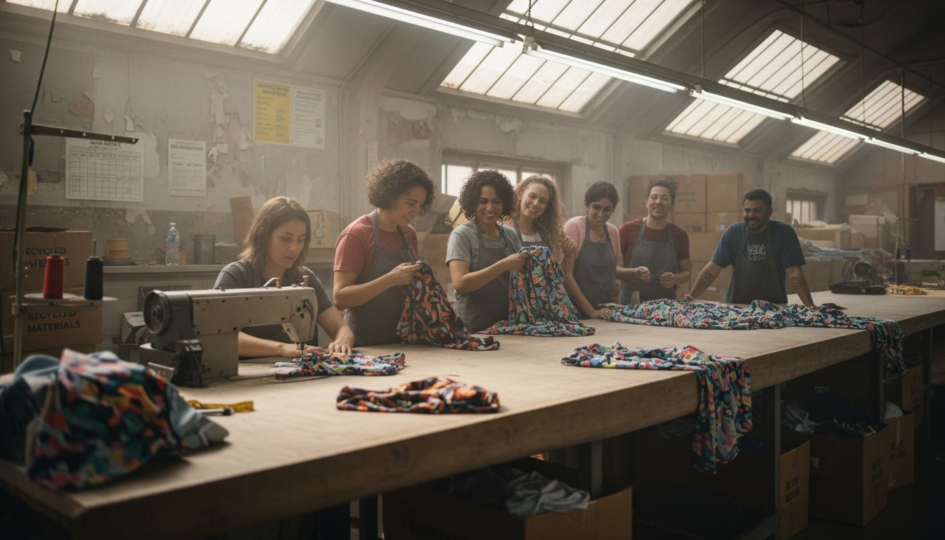 Swimwear factory workers at sewing workbench