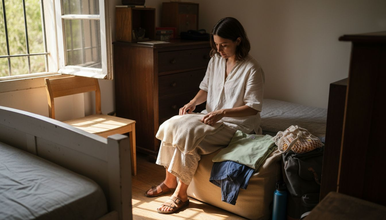 Eco traveler packs sustainable fabric clothes in hostel