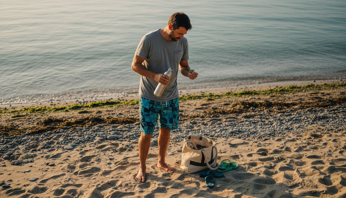 Eco-conscious man on beach in ethical swim trunks