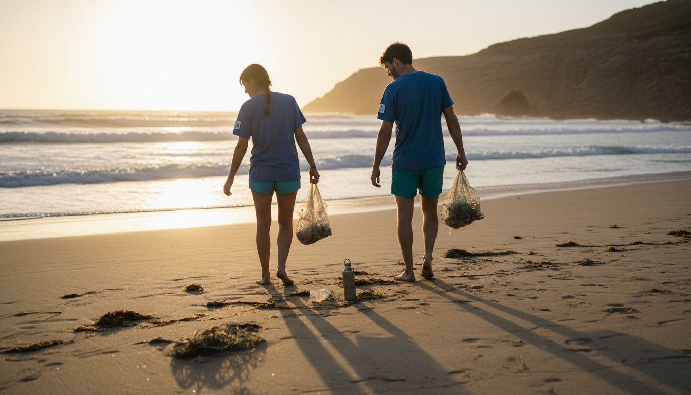 Couple wearing eco apparel cleaning beach