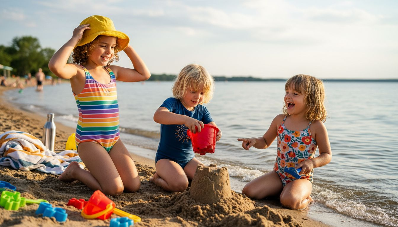 Children playing in organic cotton swimwear on beach
