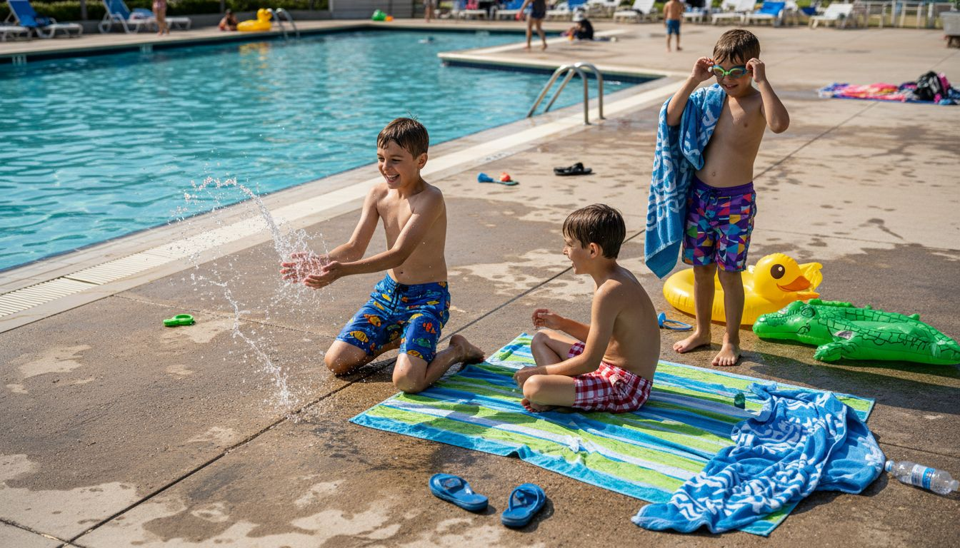 Boys in swim trunks playing by outdoor pool