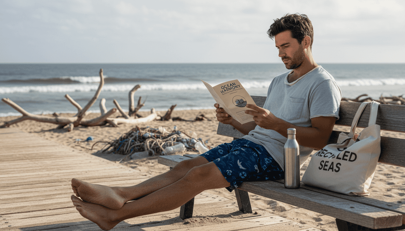 Man reading brochure on eco beachwear