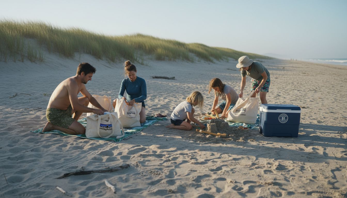 Family enjoying sustainable swimwear on sunny beach