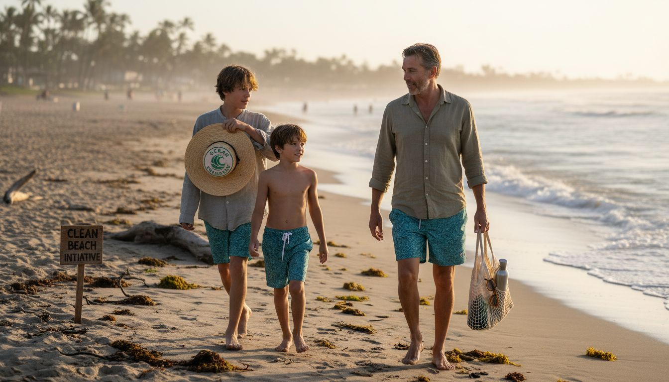 Men and boy wearing eco-friendly beachwear on beach