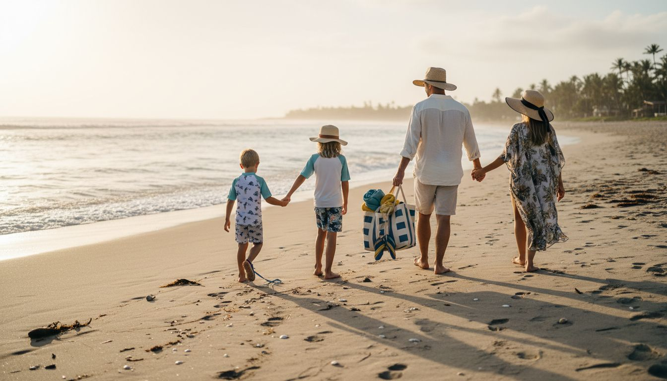 Family walking along sunrise beach in versatile beachwear