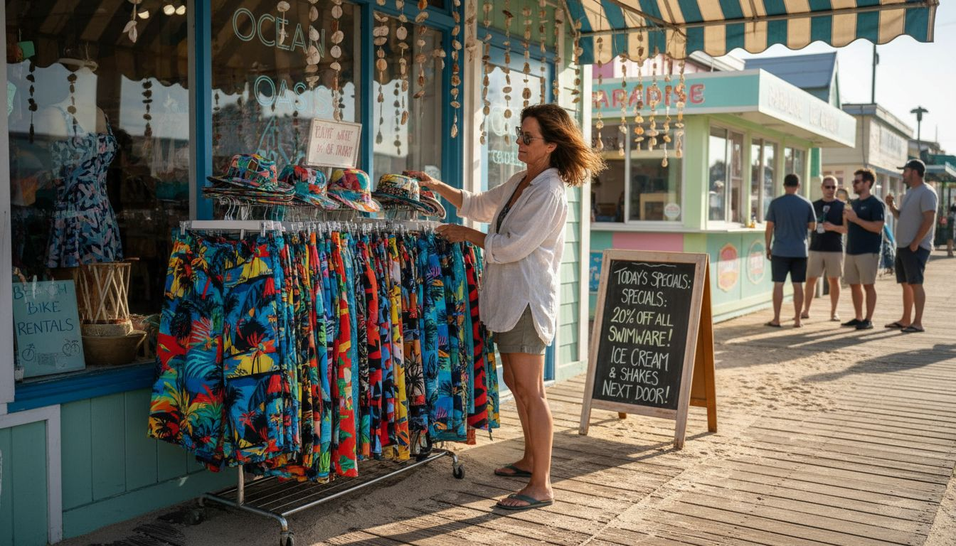 Shop owner setting up local beachwear display