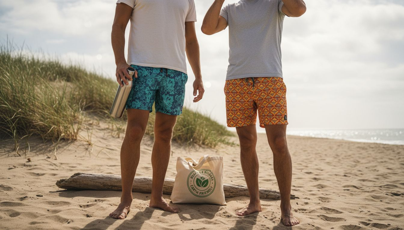 Two men in eco-friendly swim trunks on beach